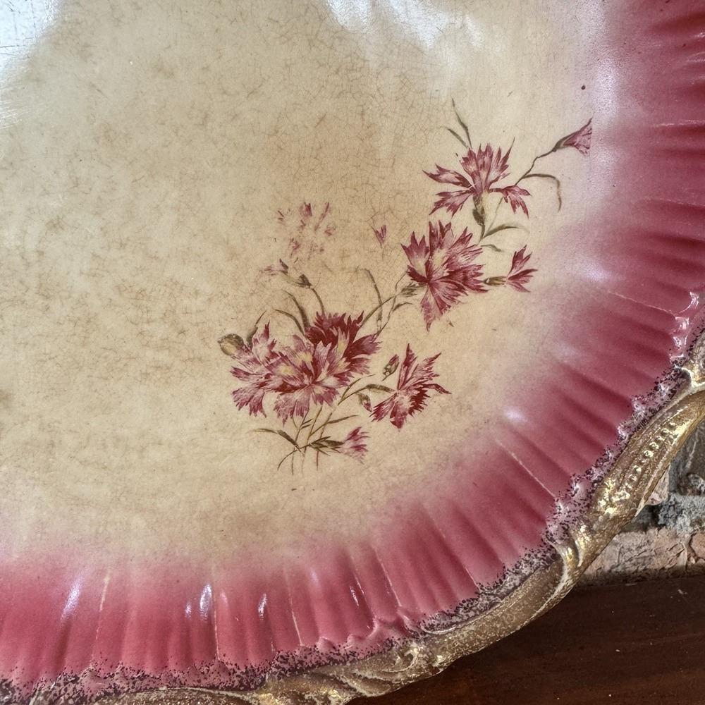 Antique Pink Floral Plate Gold Gilt Rim Victorian Art Nouveau Charger - Picture 5 of 8